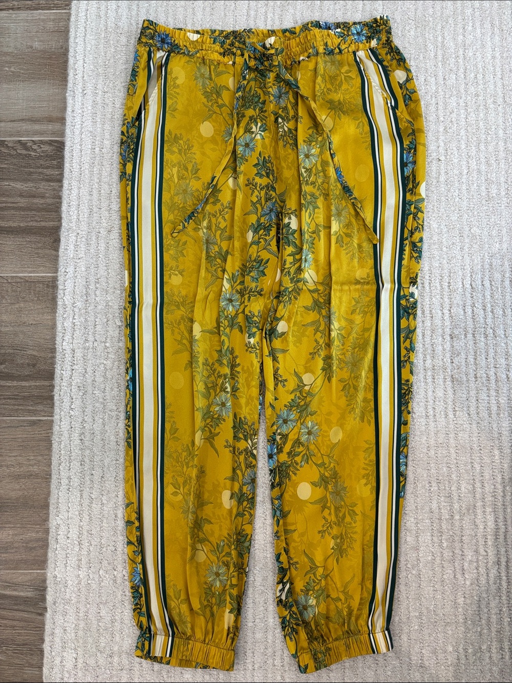 Johnny Was Mustard Yellow Floral Elastic Waist silk pants medium